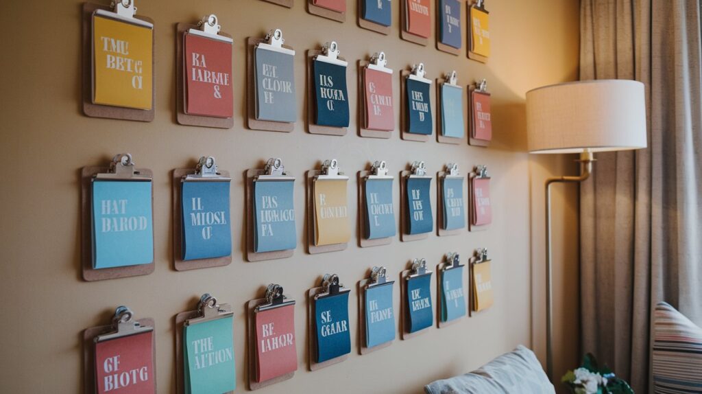 a wall with many clipboards with different colored papers