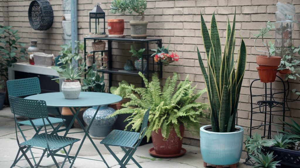 a table and chairs next to a brick wall