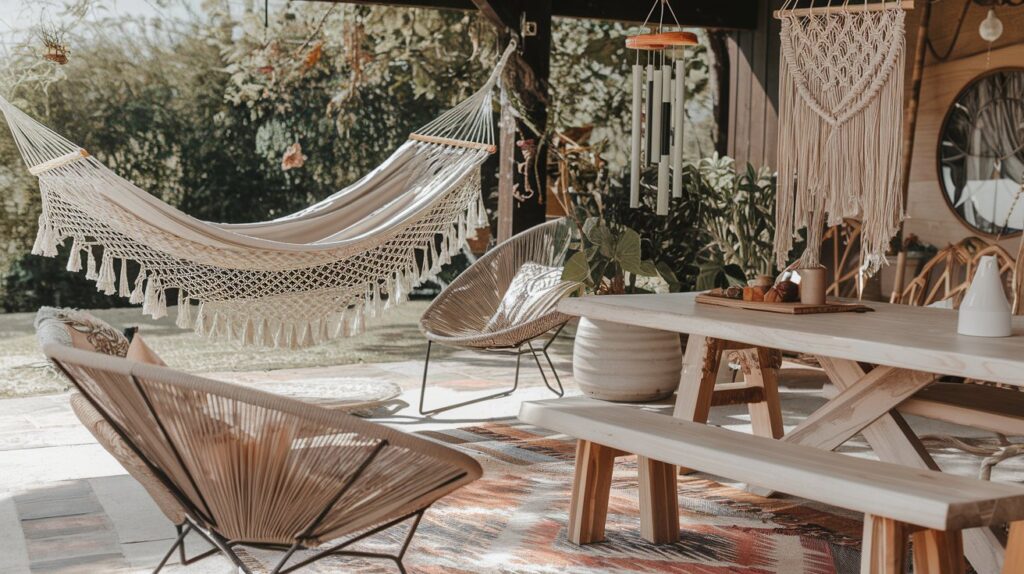 hammocks and chairs on a patio