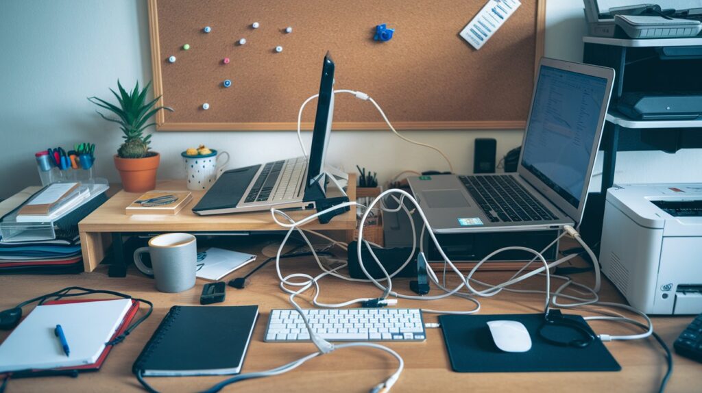 a desk with laptops and a keyboard