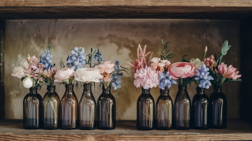 a row of small brown bottles with flowers in them