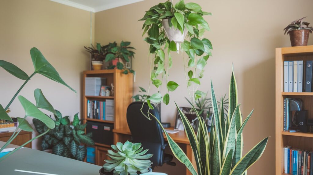 a room with a desk chair and potted plants