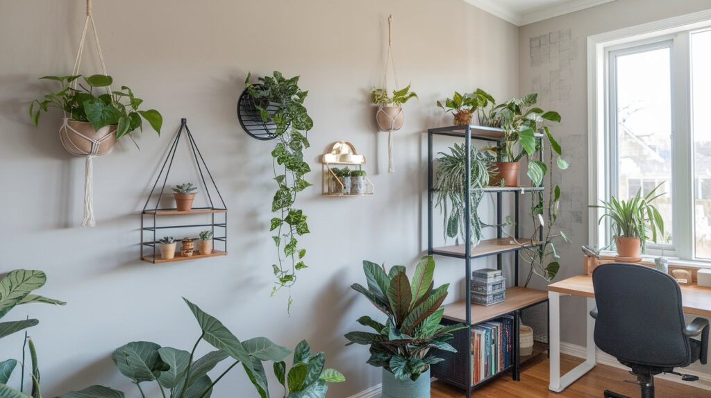 a room with plants on shelves