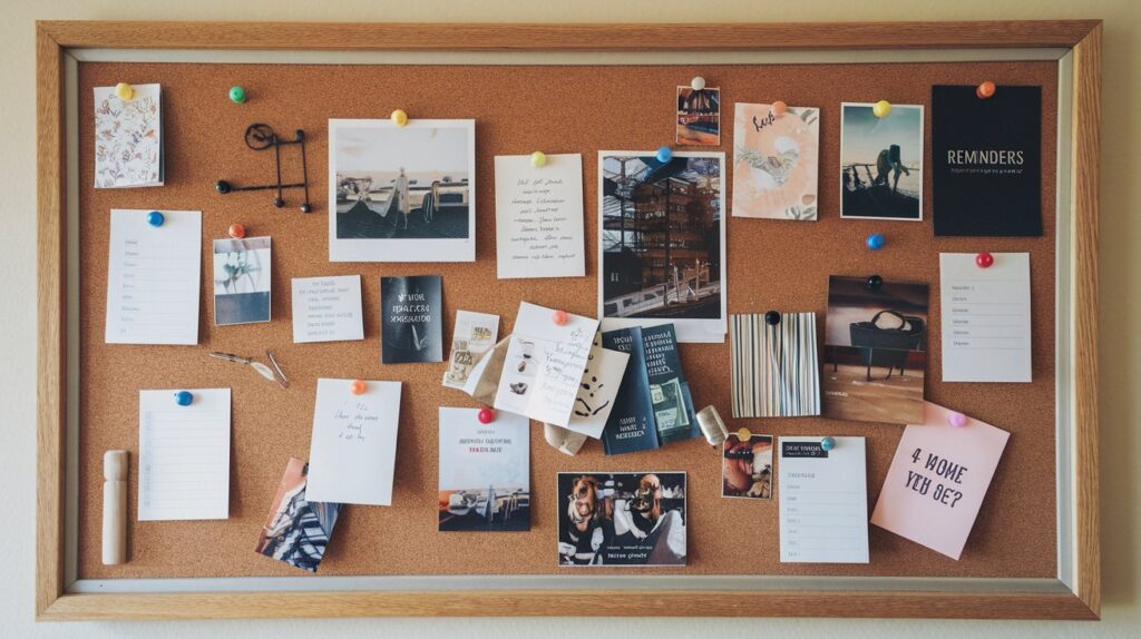 a cork board with pictures and notes