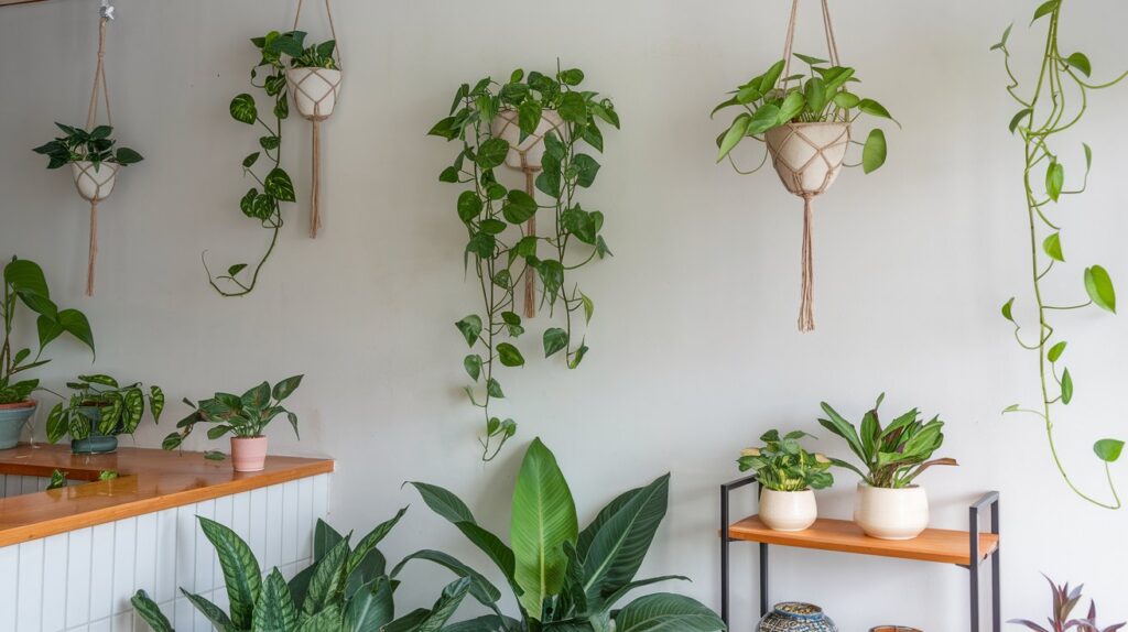 a room with plants on the wall