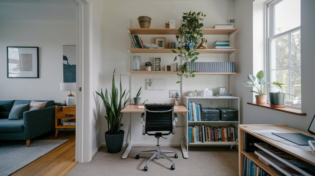 a desk and shelves in a room