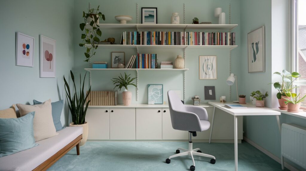 a room with a desk and shelves