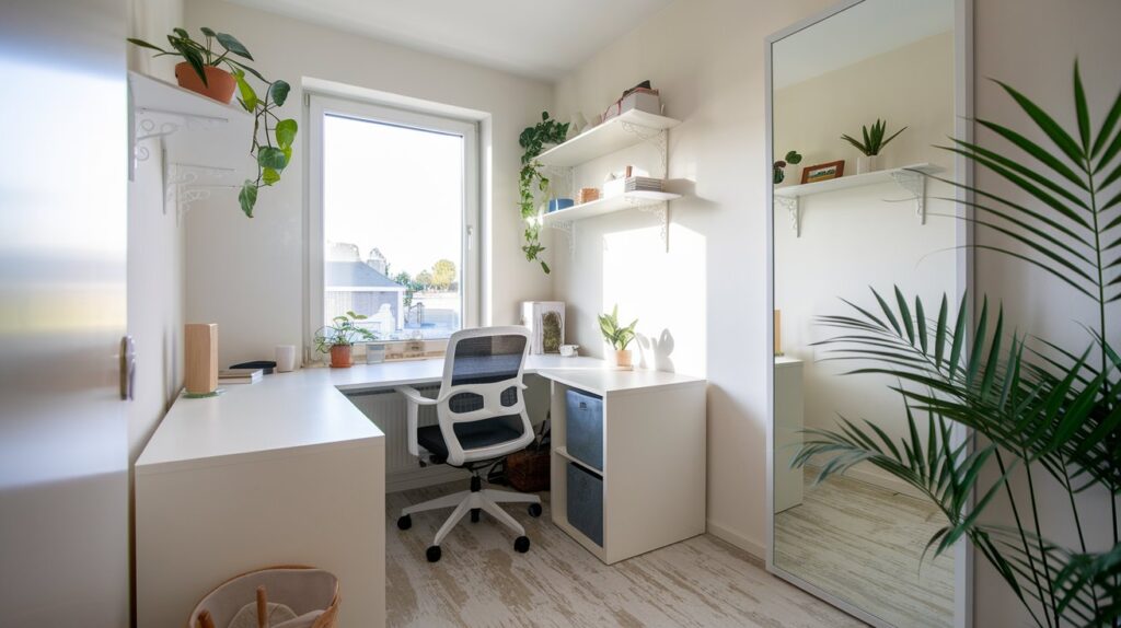 a room with a desk and a mirror