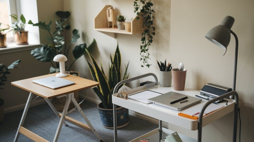 a desk with a laptop and a computer