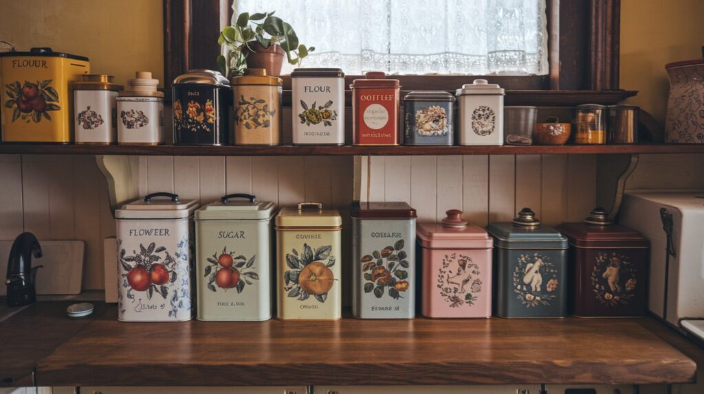 a shelf with various tins on it