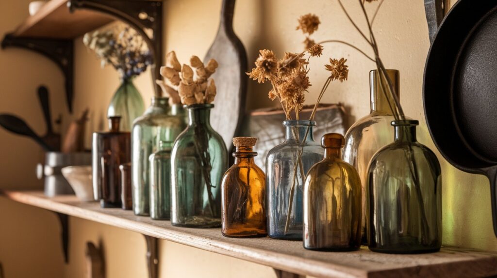 a shelf with glass bottles and dried flowers