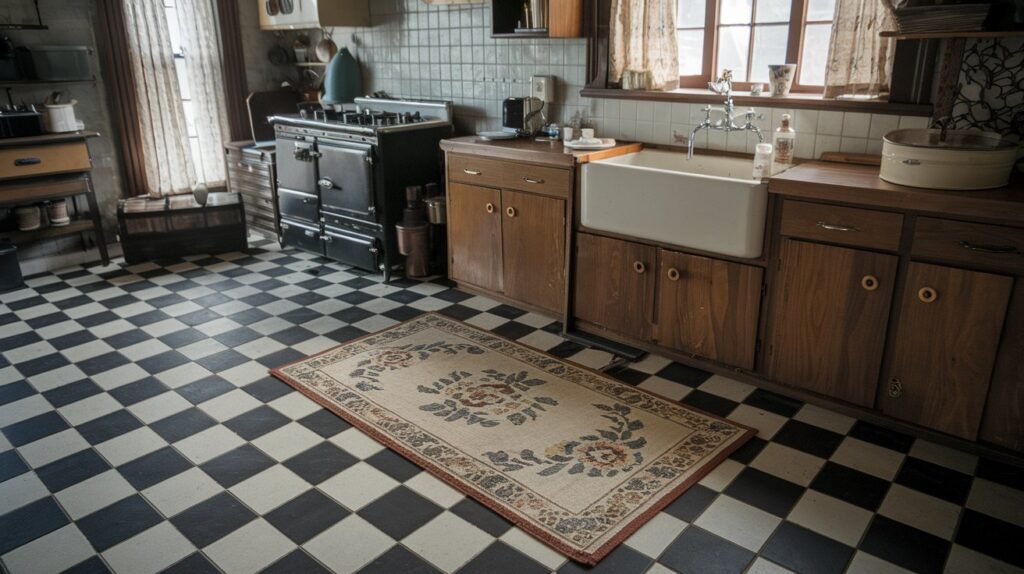 a kitchen with a rug and sink